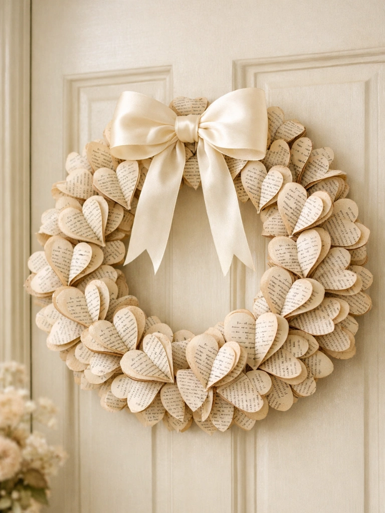20 Beautiful Neutral Valentines Day Decor DIY Ideas to Craft 3 3. Book Page Heart Wreath DIY
