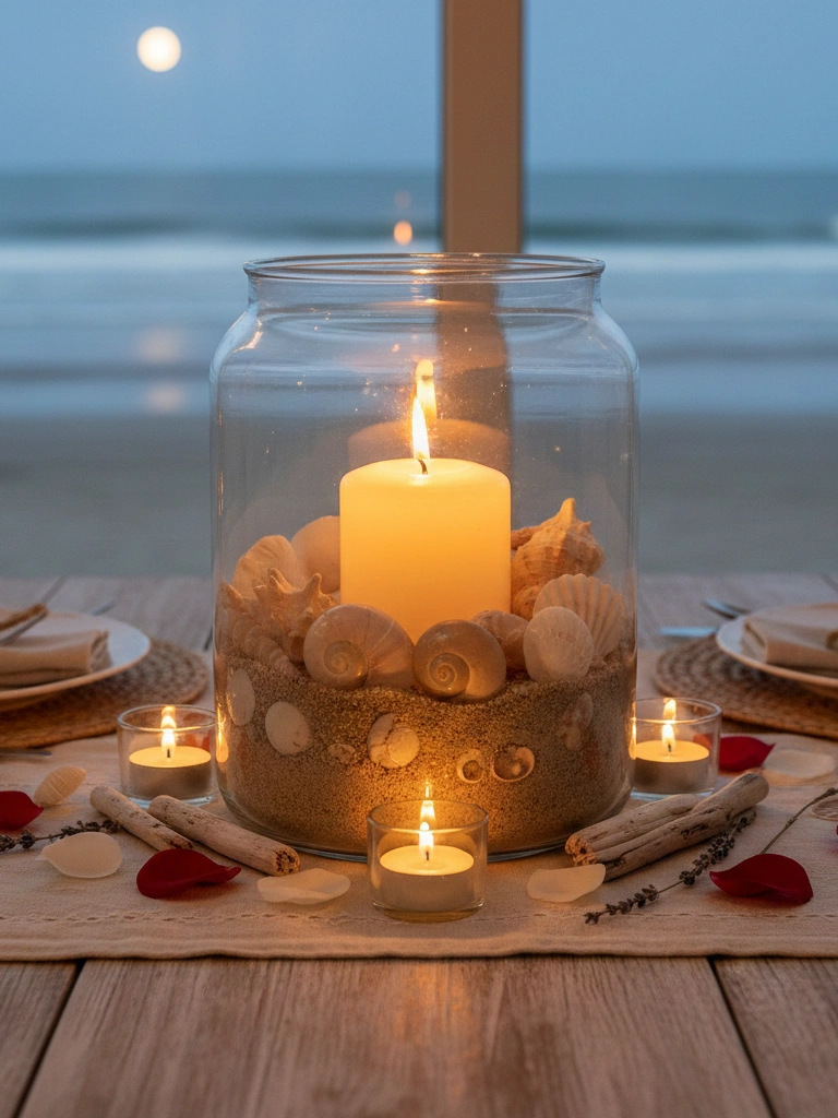 33 Coastal Valentines Day Decor Ideas for a Beachy Celebration 3 3. Glass Jar Centerpiece With Sand Shells and Candles