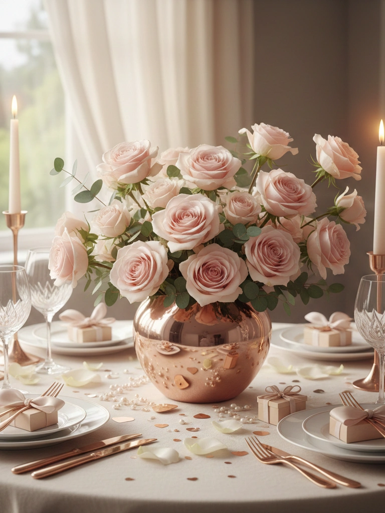 3. Rose Gold Vase With Blush Roses Centerpiece