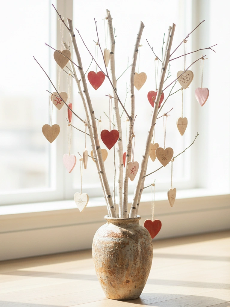 37. Birch Branch Arrangements With Hanging Hearts