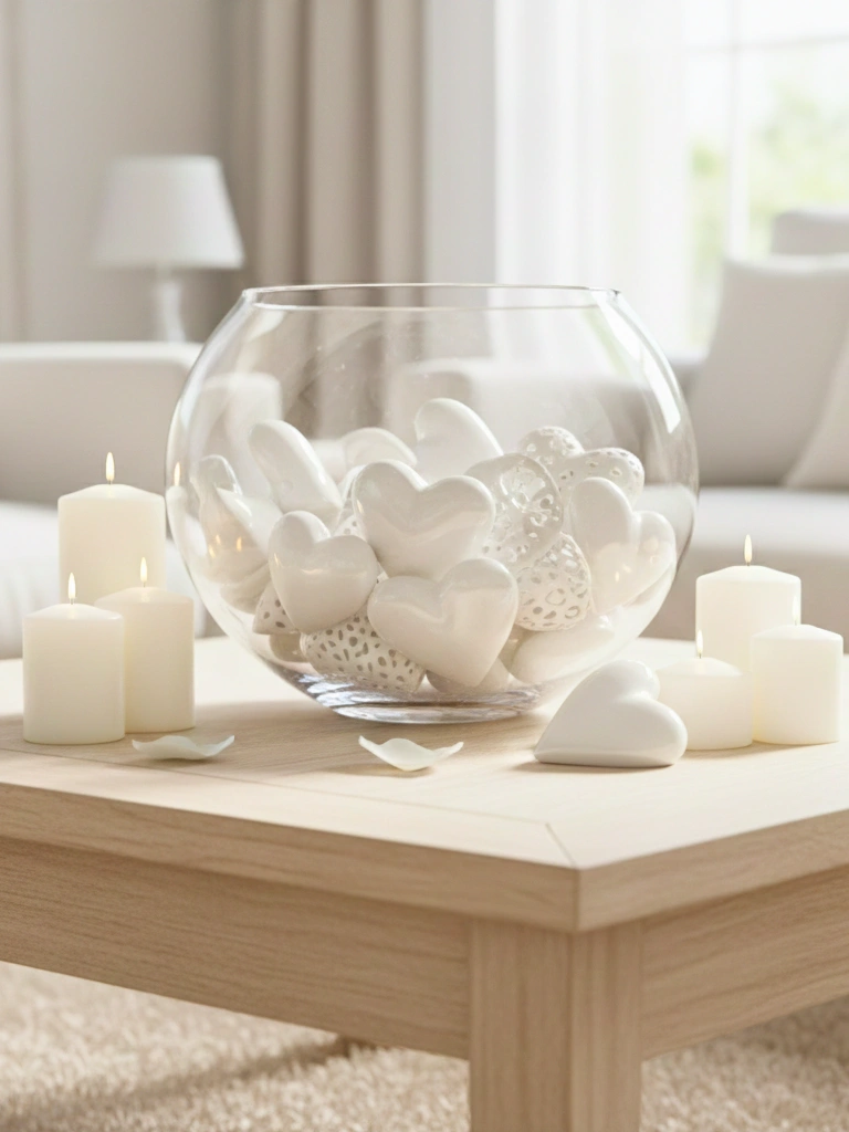39. White Heart Ornaments in a Glass Bowl