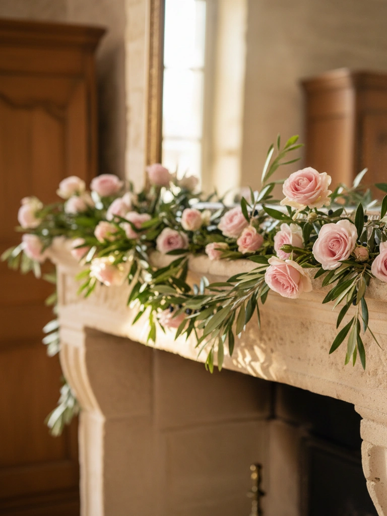 4. Olive Branch and Rose Garland on Mantel