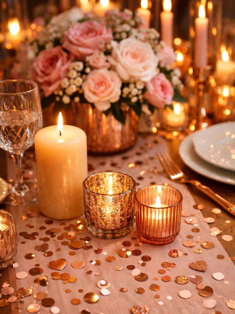4. Rose Gold Confetti Scattered on Table Runner