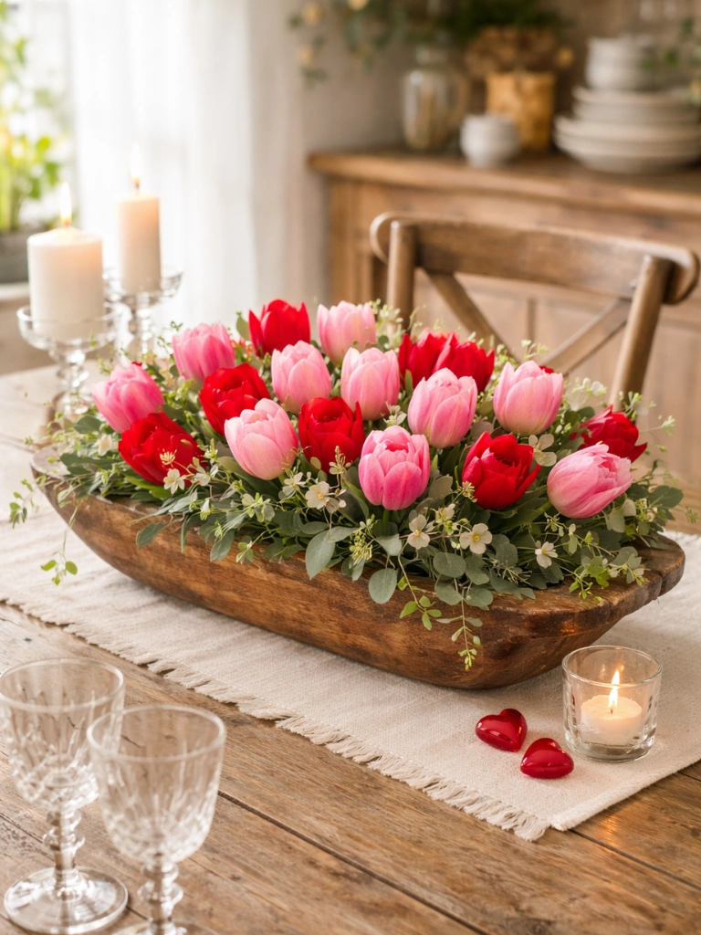 4. Tulips Nestled in Faux Greenery