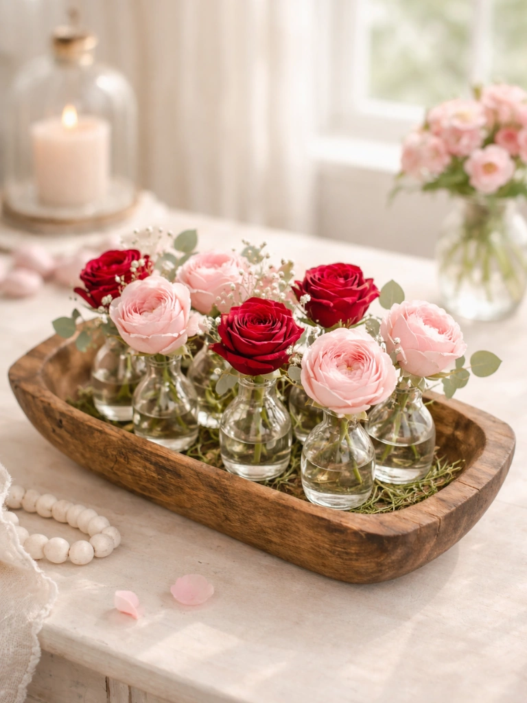 5. Single Stem Roses in Mini Bud Vases Inside the Bowl
