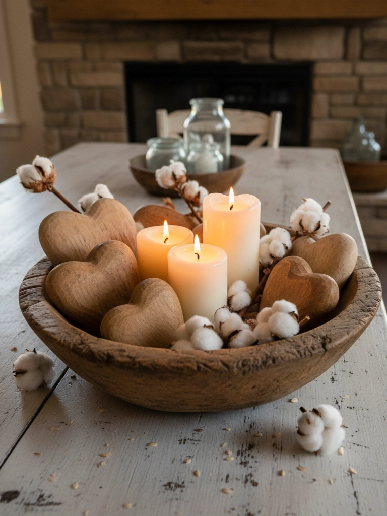 5. Wooden Dough Bowl With Hearts and Candles