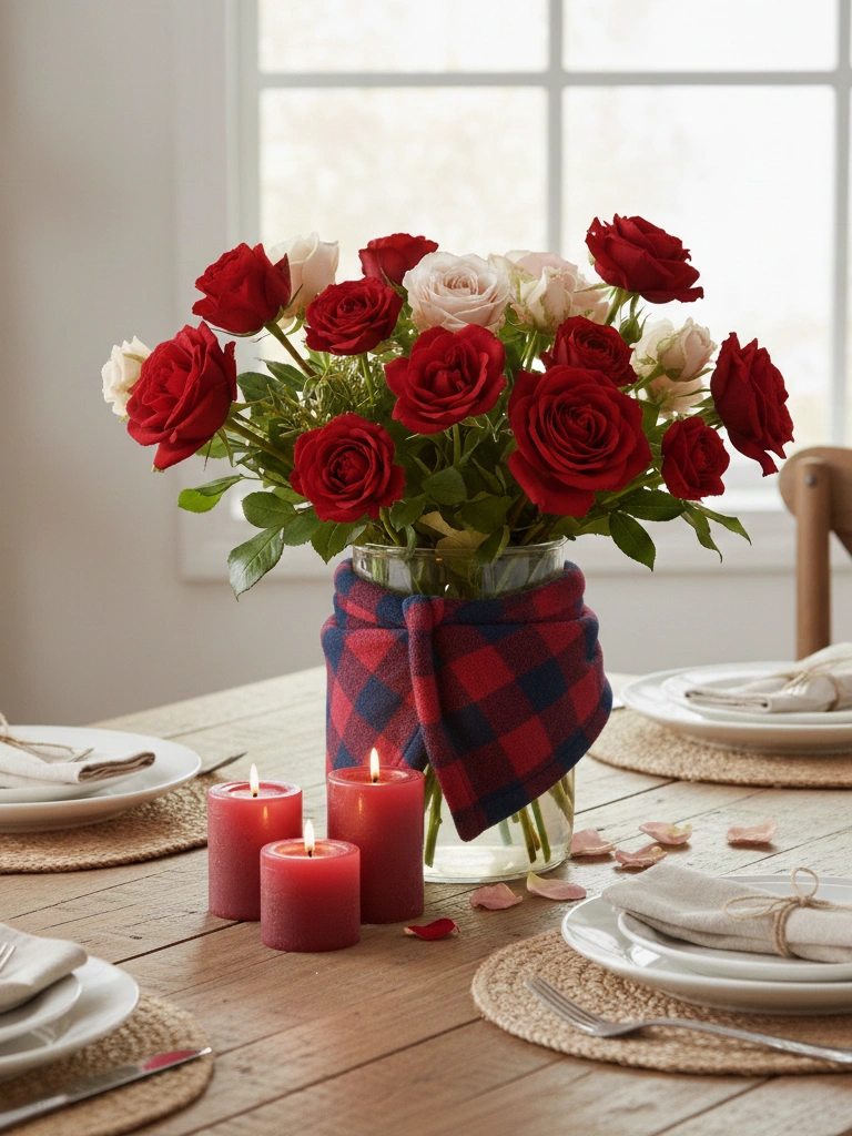 6. Buffalo Plaid Wrapped Vase With Roses