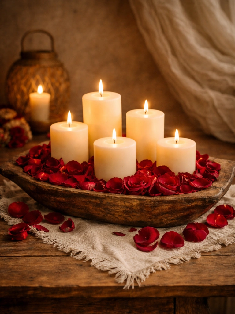 6. Pillar Candles Surrounded by Rose Petals