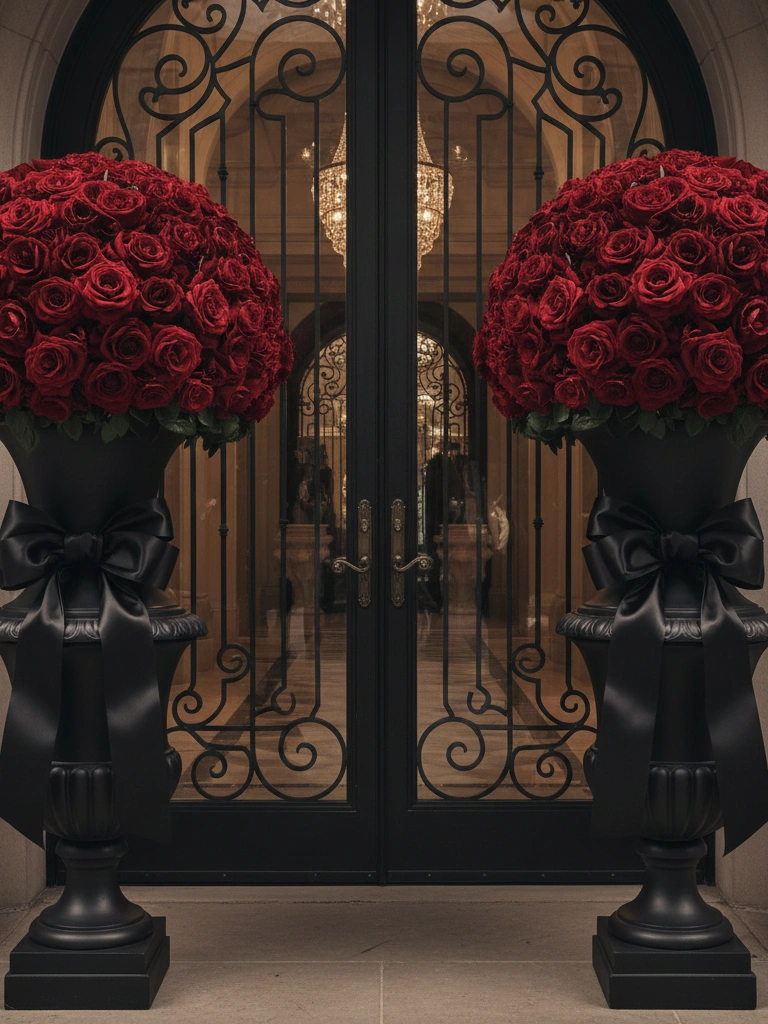 6. Red Rose Topiaries With Black Ribbon