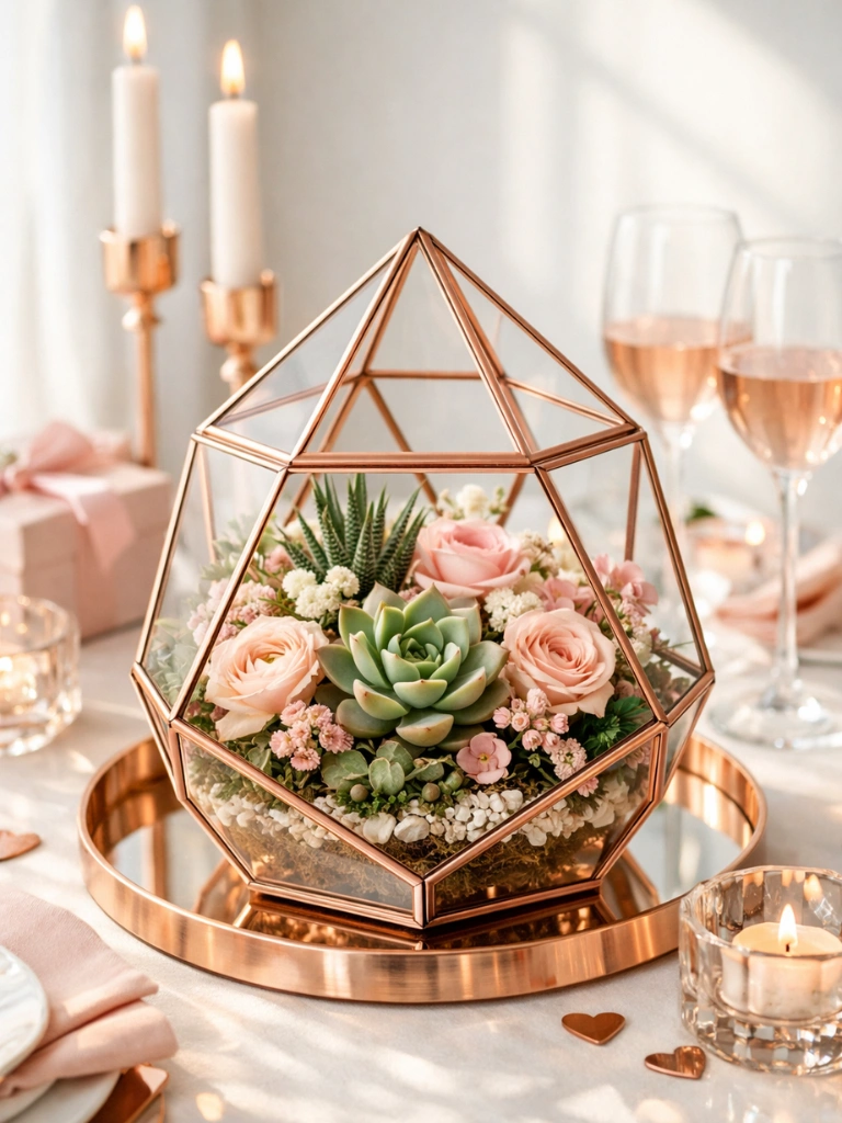 6. Rose Gold Geometric Terrarium With Florals