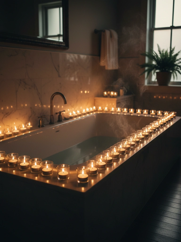 6. Tea Lights Lining the Bathtub Edge