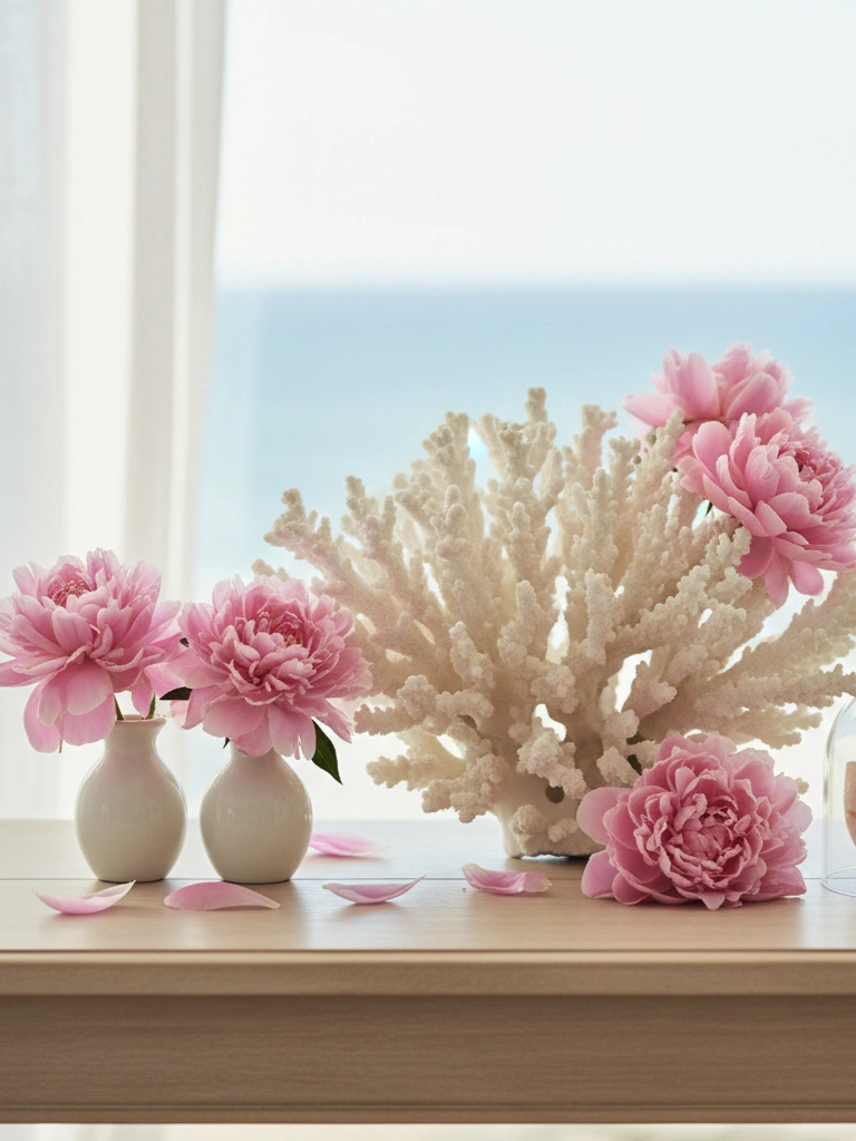 33 Coastal Valentines Day Decor Ideas for a Beachy Celebration 6 6. White Coral Display With Pink Peonies
