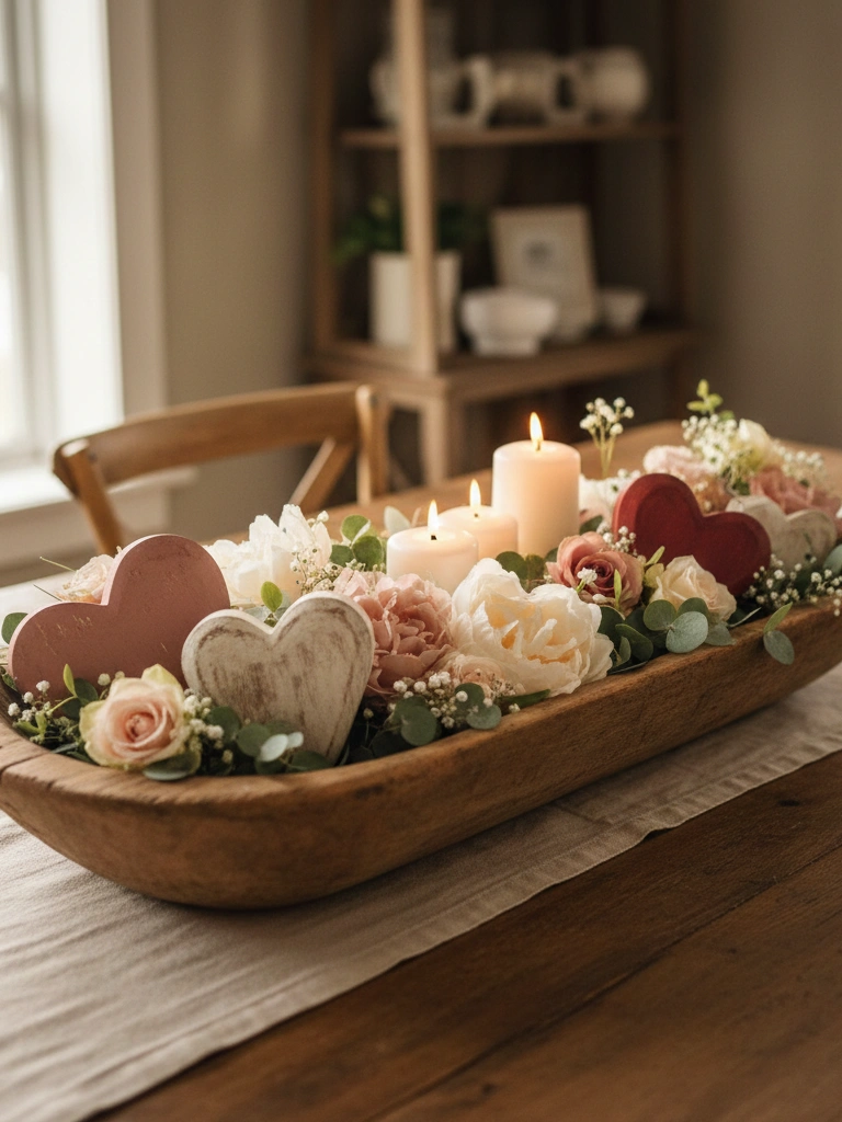 19 Stunning Valentines Day Wood Decor Ideas to Try This Year 6 6. Wooden Dough Bowl Valentine Centerpiece