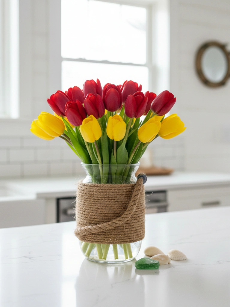 33 Coastal Valentines Day Decor Ideas for a Beachy Celebration 7 7. Rope Wrapped Vase With Blush Tulips