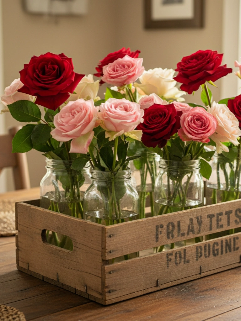 7. Rustic Wood Crate Centerpiece With Roses