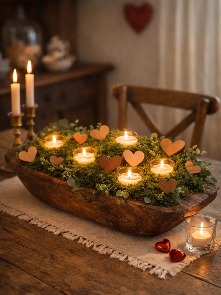 7. Tea Lights Nestled Among Moss and Hearts