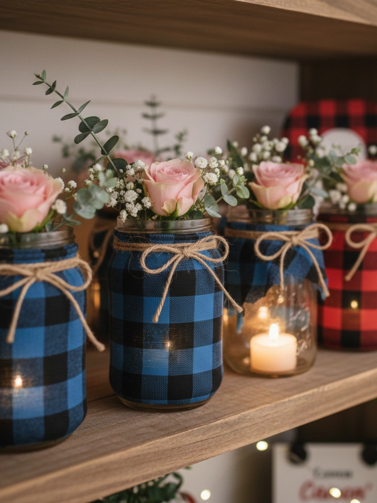 8. Mason Jars Wrapped in Buffalo Plaid Fabric