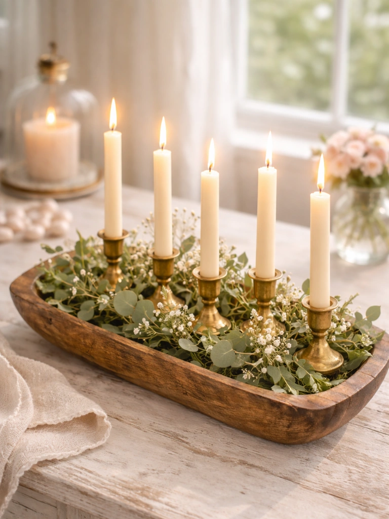 8. Taper Candles in Small Holders With Greenery