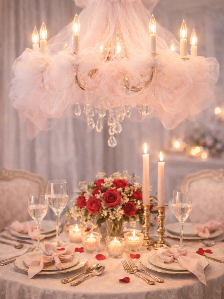 8. Tulle Cloud Effect Draped Around Chandelier