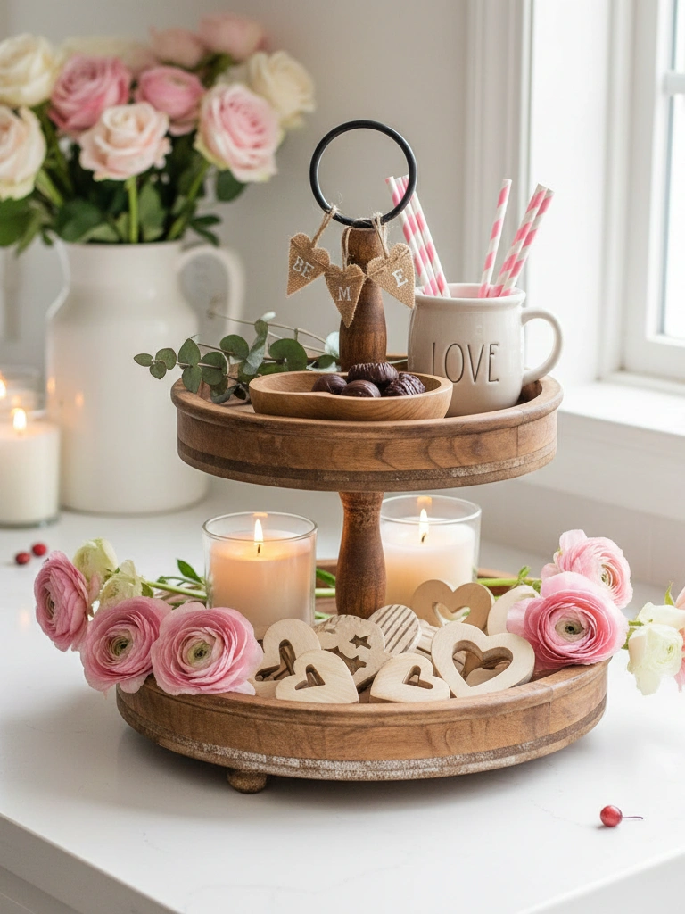 19 Stunning Valentines Day Wood Decor Ideas to Try This Year 8 8. Wooden Heart Tiered Tray Styling