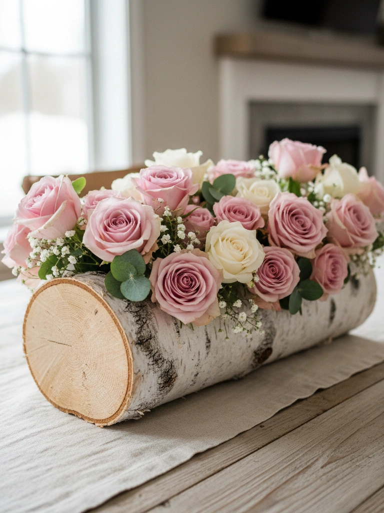 19 Stunning Valentines Day Wood Decor Ideas to Try This Year 9 9. Birch Log Vase With Pink Roses