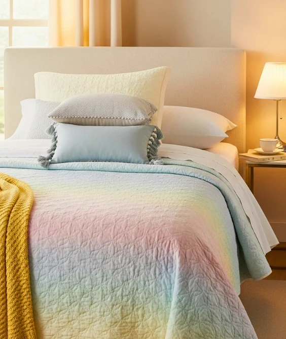 30 Soft & Serene Spring Soft Color Decor Ideas for Relaxed Homes 16 Cream Bedding with Pastel Quilts