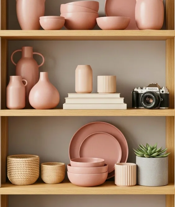 30 Soft & Serene Spring Soft Color Decor Ideas for Relaxed Homes 7 Dusty Rose Shelf Decor
