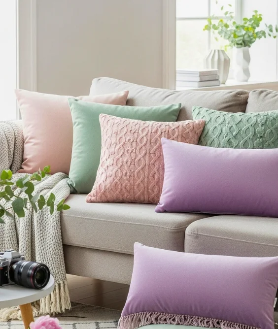 30 Soft & Serene Spring Soft Color Decor Ideas for Relaxed Homes 2 Layered Pastel Cushions