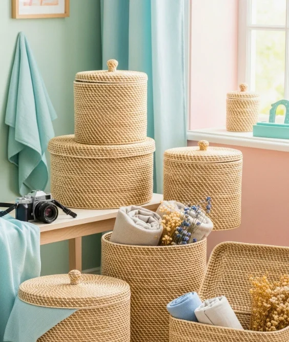 30 Soft & Serene Spring Soft Color Decor Ideas for Relaxed Homes 12 Natural Woven Baskets