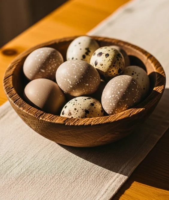 Speckled Neutral Eggs in Wooden Bowls