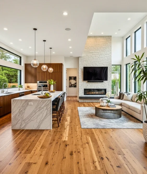 10 Open Kitchen and Living Room Ideas for Modern Homes 6 Create Flow with Continuous Flooring