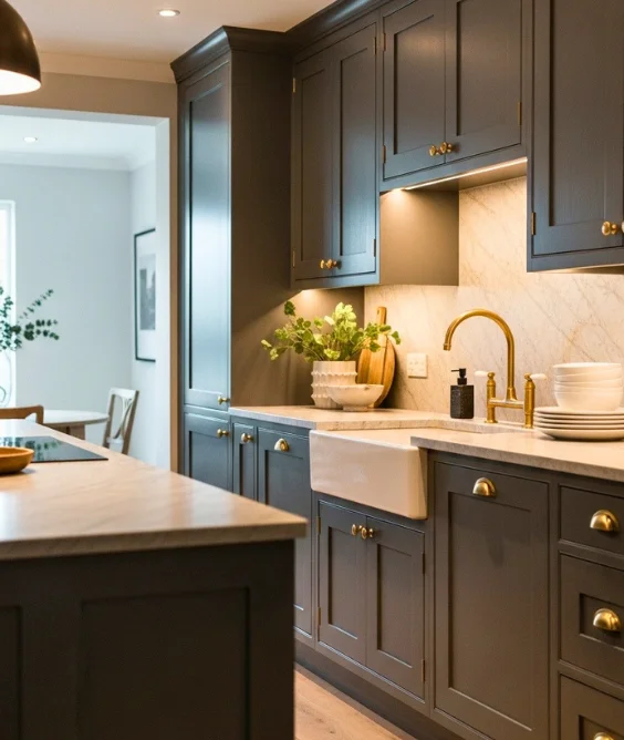 Grey Cabinets with Brass Hardware