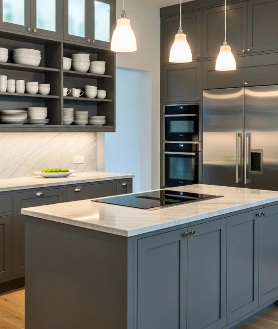 Grey Cabinets with Glass Inserts
