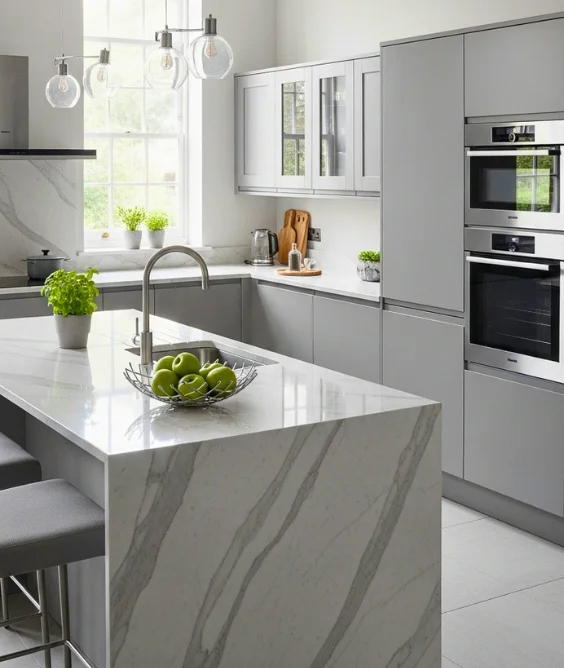 Grey Cabinets with Marble Style Surfaces