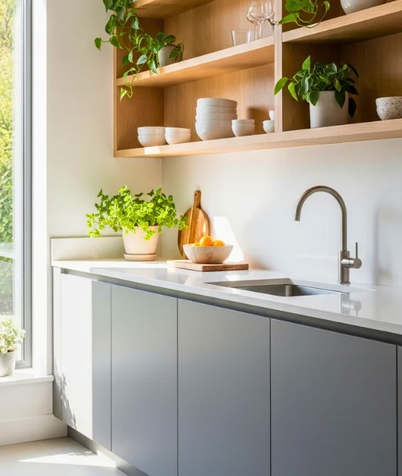 Grey Cabinets with Open Shelving