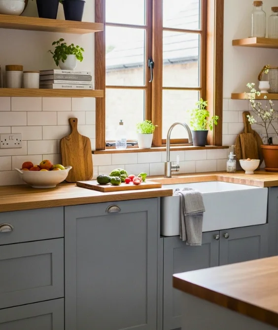 Grey Cabinets with Warm Wood Accents