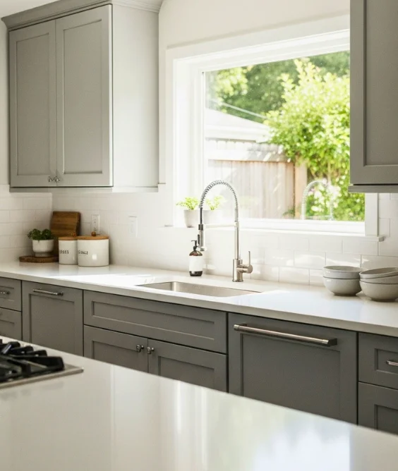 Grey Cabinets with White Countertops