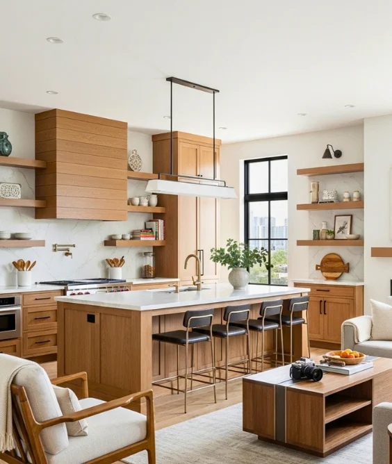 10 Open Kitchen and Living Room Ideas for Modern Homes 9 Incorporate Warm Wood Accents