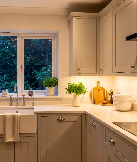 Soft Grey Cabinets with Warm Lighting