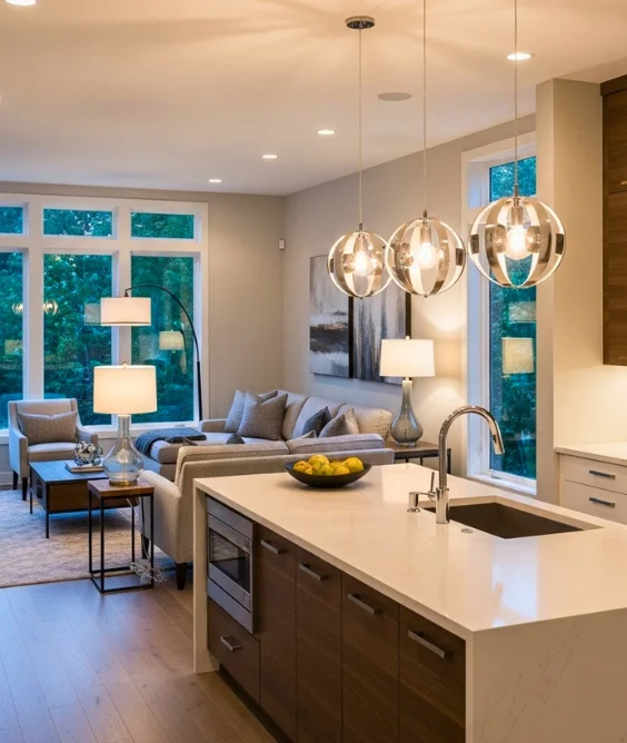 10 Open Kitchen and Living Room Ideas for Modern Homes 4 Use Lighting to Separate Zones