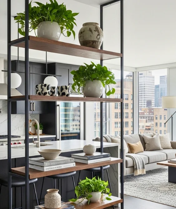 10 Open Kitchen and Living Room Ideas for Modern Homes 8 Use Open Shelving as a Soft Divider